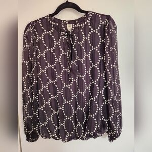 Long sleeve Blouse, Sheer sleeves, black and white dotted print